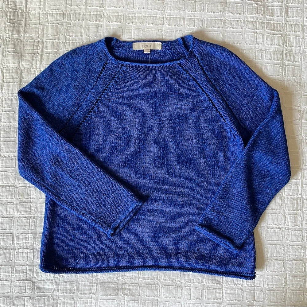 LOFT Blue Pointelle Raglan Sweater - Picture 7 of 8